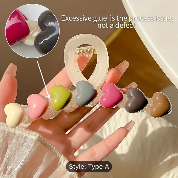 BRAND NEW Cute & Fun X-Large Beige Hair Clip w/Multicolored Hearts on Both Sides - Picture 4 of 8